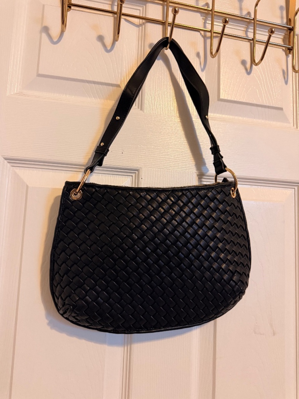 Braided Black Faux Leather Shoulder Bag with Gold Detail